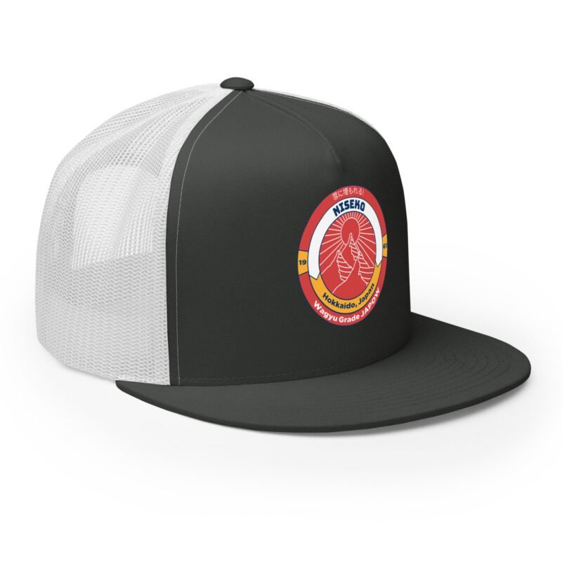 Retro Niseko Japow trucker hat in charcoal and white – right front angle
