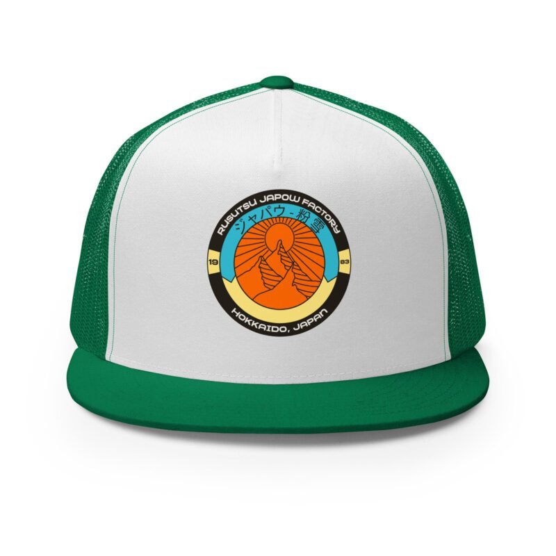 Front view of the Retro Rusutsu Japow Trucker Hat in kelly green and white – vintage ski badge design with flat bill and mesh back