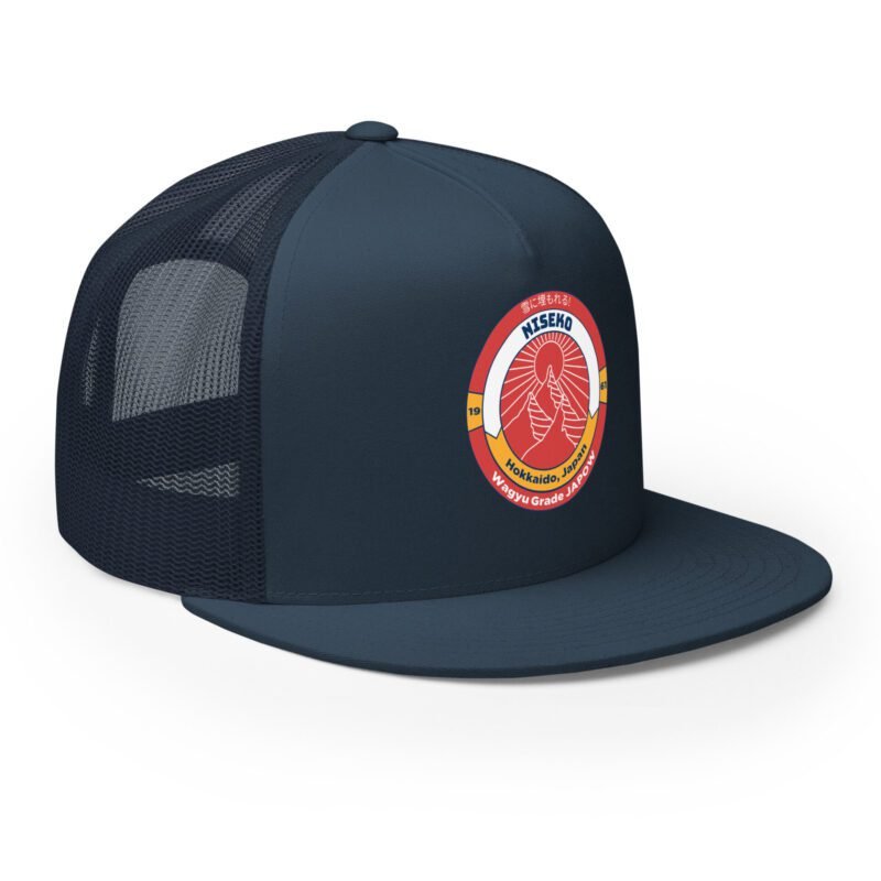 Retro Niseko Japow trucker hat in navy – right front angle