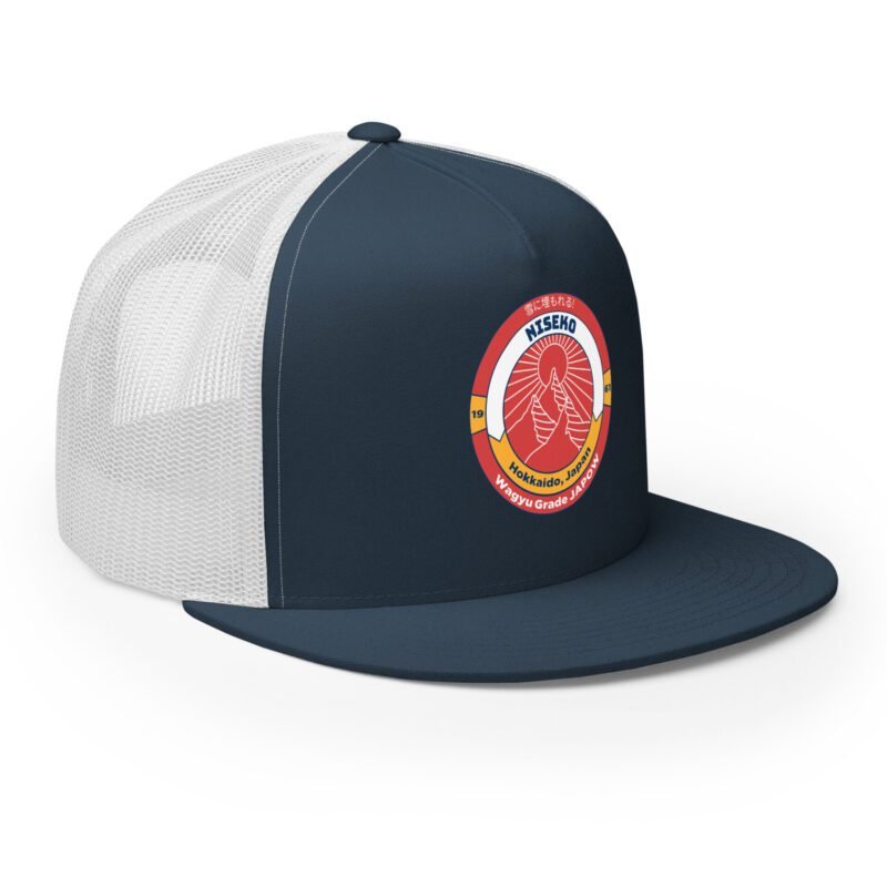 Retro Niseko Japow trucker hat in navy and white – right front angle