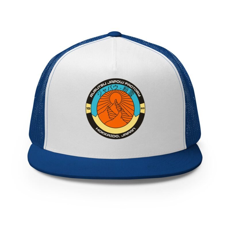 Front view of the Retro Rusutsu Japow Trucker Hat in royal blue and white – vintage ski patch with flat bill and mesh back