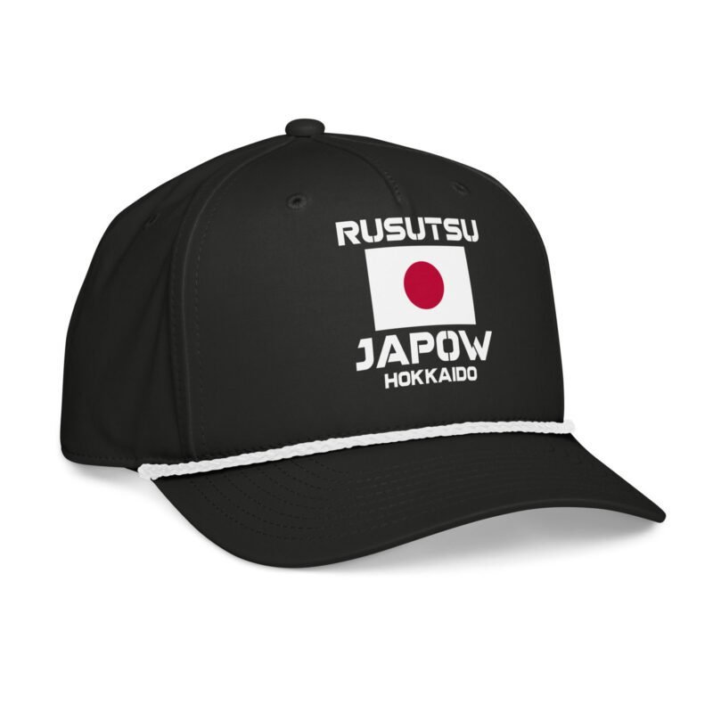 Hokkaido Japow rope hat in black and white – front view with Japanese flag design and rope detail