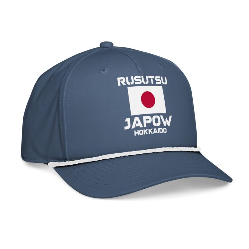 Hokkaido Japow rope hat in light blue and white – front view with flag patch and retro rope accent