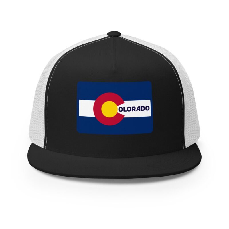 Front view of the Colorado flag trucker hat in black and white – high-profile 5-panel mesh cap with flat bill and DTF state patch