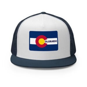 Front view of the Colorado flag trucker hat in navy and white – high-profile mesh back cap with bold DTF state patch