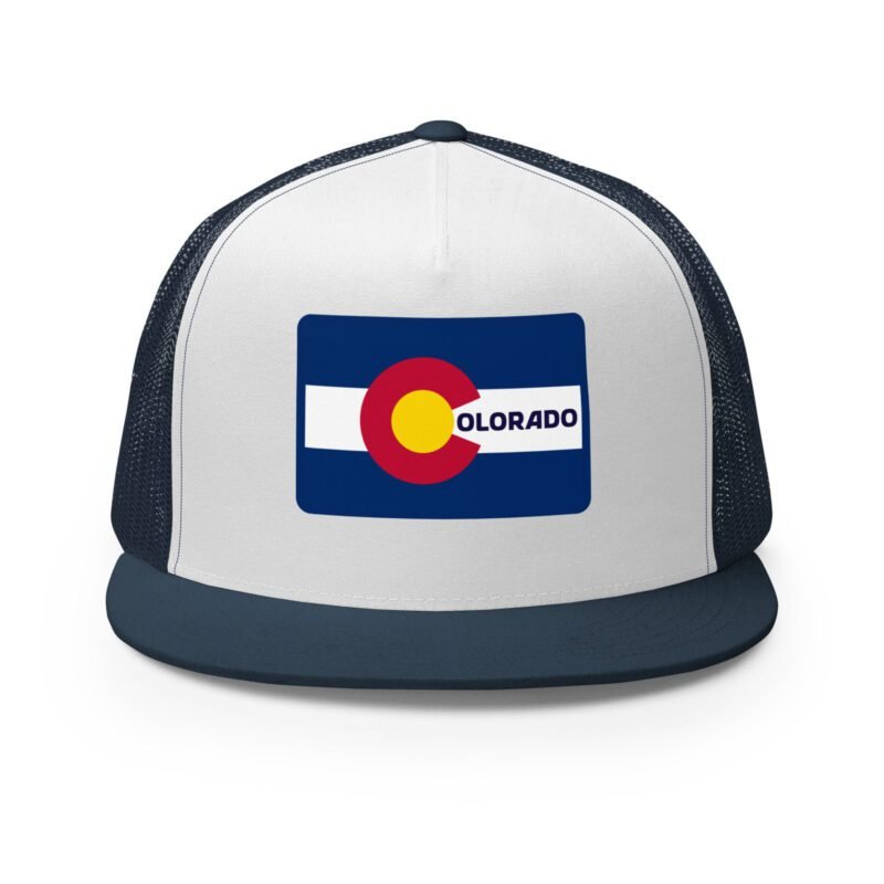 Front view of the Colorado flag trucker hat in navy and white – high-profile mesh back cap with bold DTF state patch