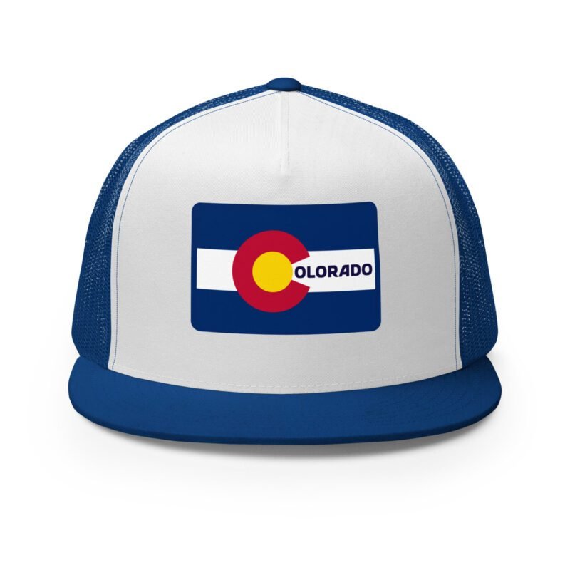Front view of the Colorado flag trucker hat in royal blue and white – mesh back, flat bill, and bold DTF state flag patch