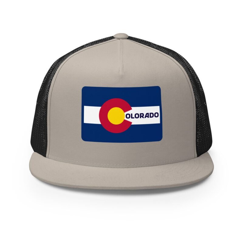 Front view of the Colorado flag trucker hat in silver and black – structured 5-panel cap with mesh back and DTF patch