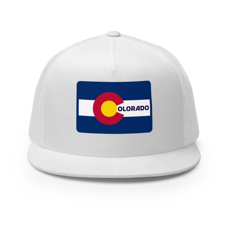 Front view of the Colorado flag trucker hat in white – high-profile 5-panel cap with mesh back and bold DTF flag patch