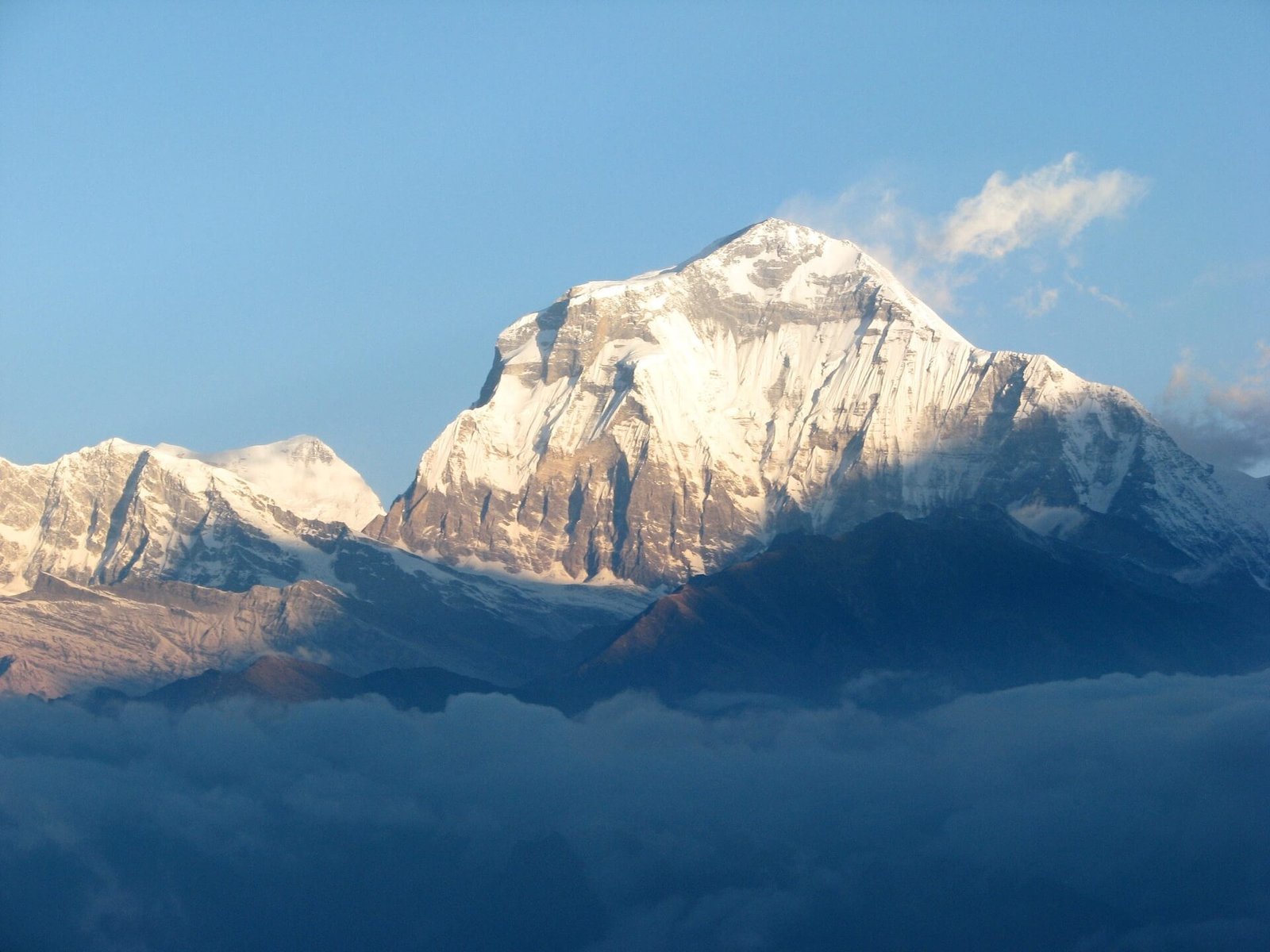Annapurna Circuit vs Everest Base Camp: How to Choose the Right Nepal Trek 20 Snow-covered Mount Dhaulagiri glowing in golden sunrise light, seen above a sea of clouds from the Poon Hill viewpoint on the Annapurna trek.