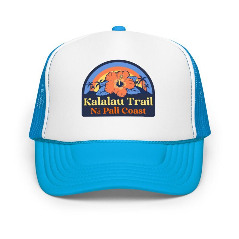 Front view of the Kalalau Trail trucker hat in blue and white – foam front with hibiscus patch and breathable mesh back