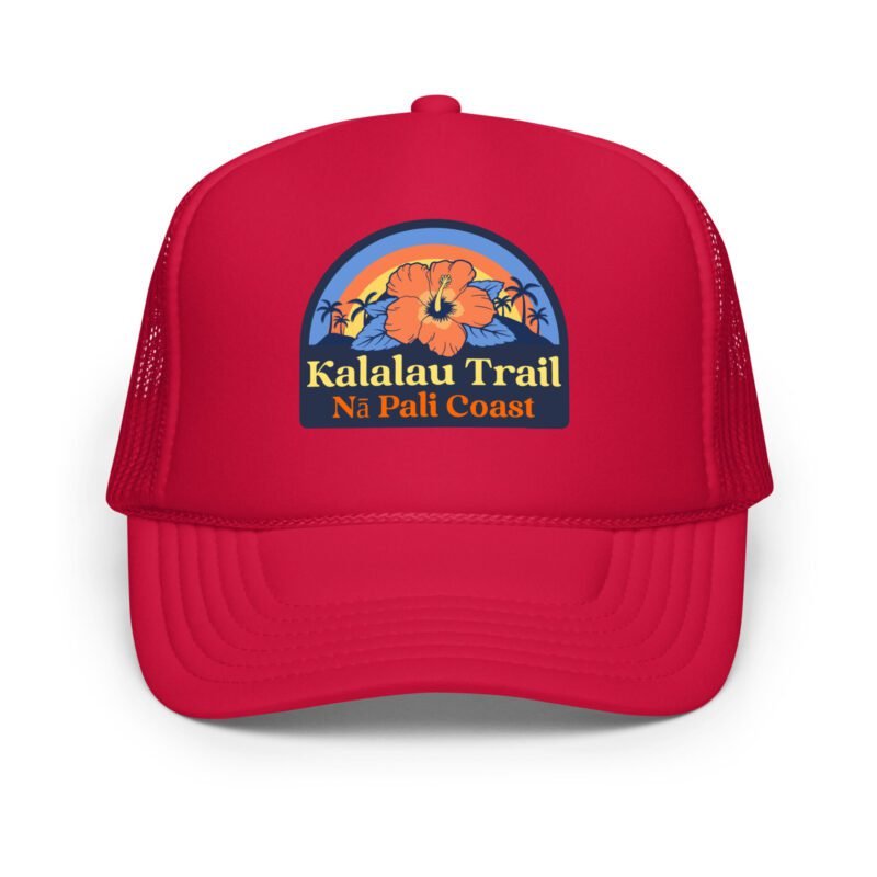 Front view of the Kalalau Trail trucker hat in red – high-profile foam front with hibiscus design and mesh back