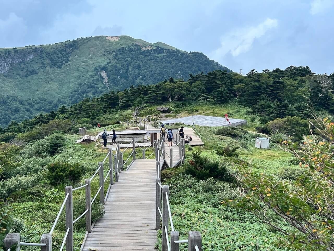 Why Climbing Hallasan in Summer Nearly Broke Me (And What I’d Do Differently) 6 Wooden boardwalk and hikers on the upper Gwaneumsa Trail with open views of the ridgeline on Hallasan, Jeju Island