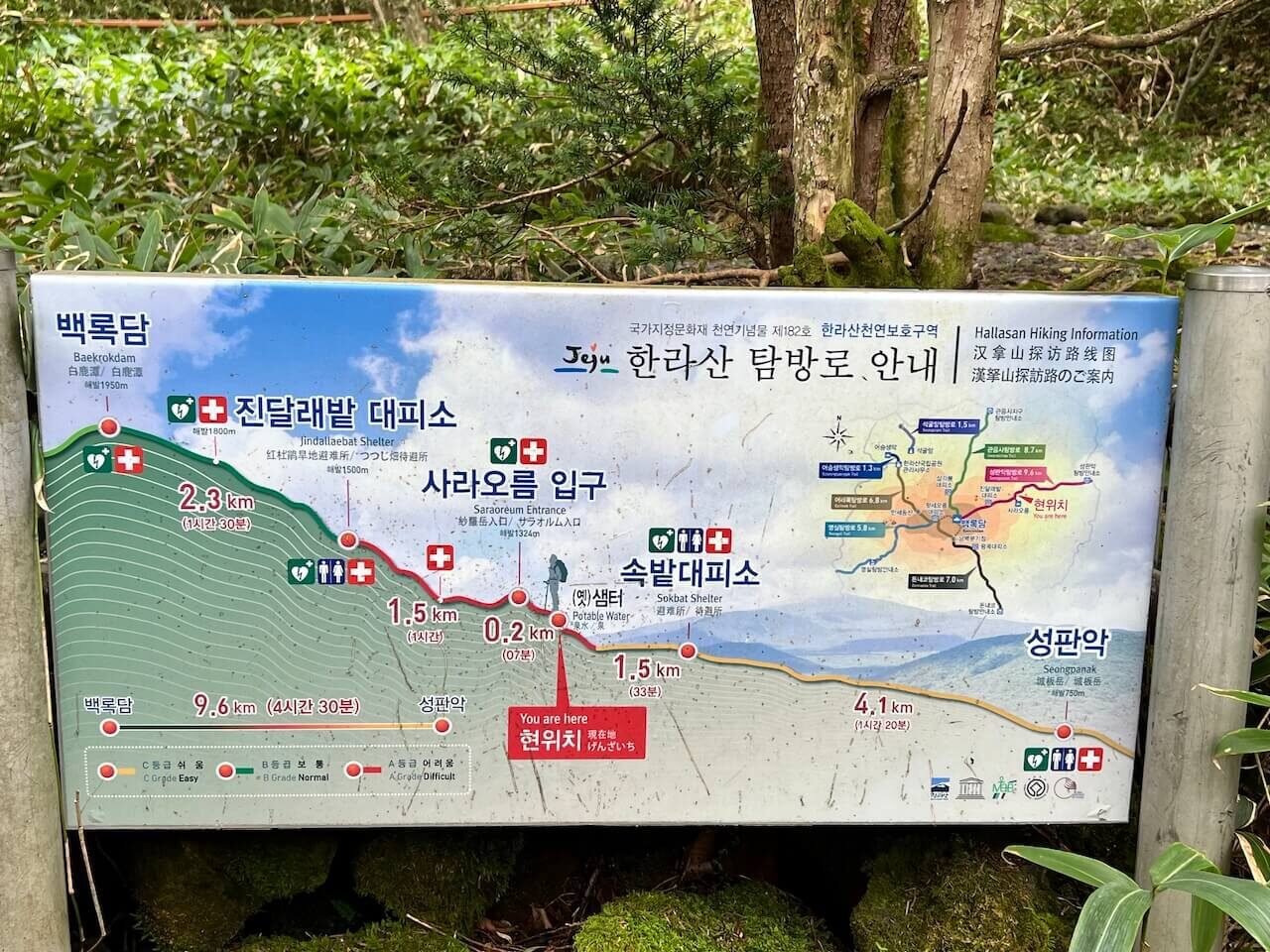 Why Climbing Hallasan in Summer Nearly Broke Me (And What I’d Do Differently) 4 Map showing the Seongpanak Trail route to Hallasan summit with distances, elevation, shelters, and amenities
