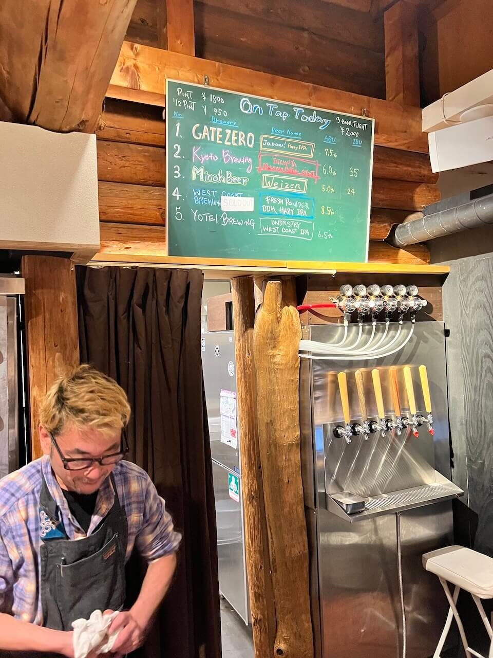 The Perfect 5–7 Day Hokkaido Ski Itinerary (2025 Guide) 14 Japanese owner and bartender at Gate Zero brewpub in Annupuri with local craft beers on tap