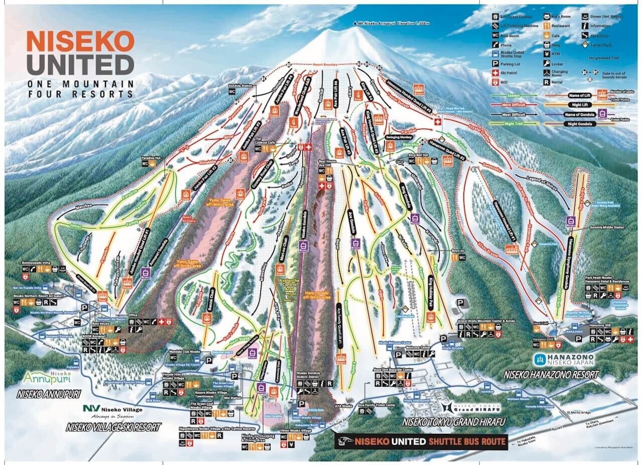 Planning a Hokkaido Ski Trip? Here’s How Niseko and Rusutsu Compare in 2025 2 Niseko United ski resort trail map showing Grand Hirafu, Hanazono, Niseko Village, and Annupuri in Hokkaido, Japan