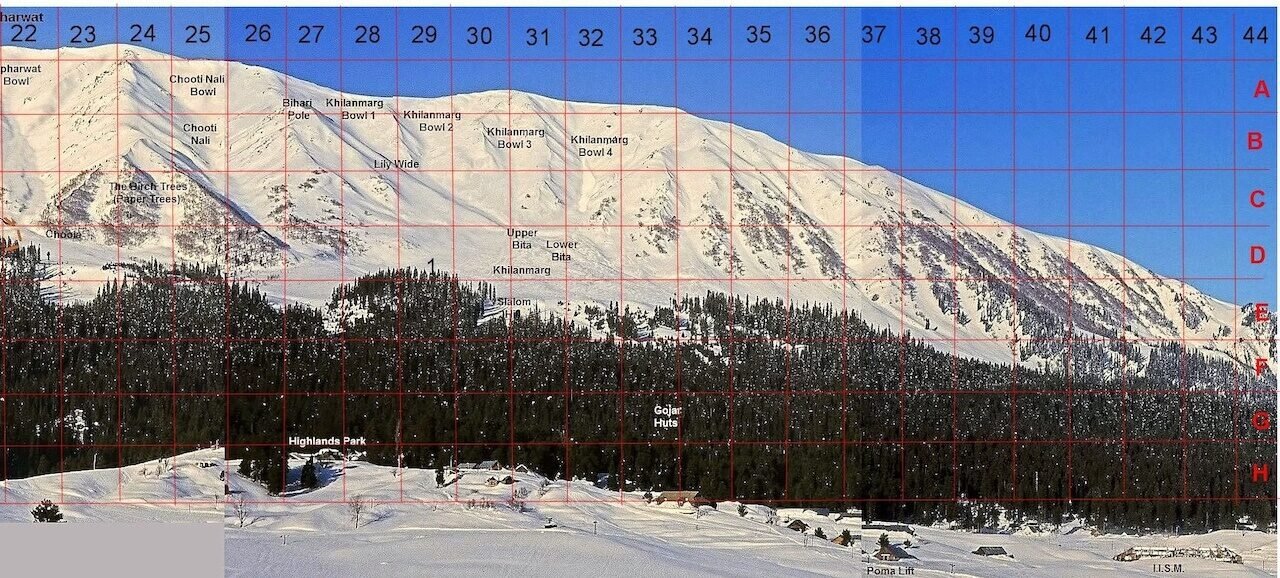 A detailed photo map showing Mt. Apharwat and Khilanmarg Bowls at Gulmarg Ski Resort in Kashmir, India, with grid lines marking key runs and terrain zones.