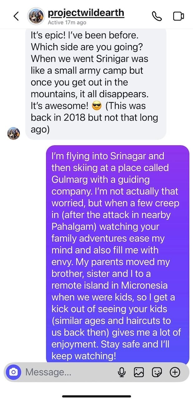 Screenshot of an Instagram message exchange between John and Project Wild Earth discussing travel in Srinagar and Gulmarg.