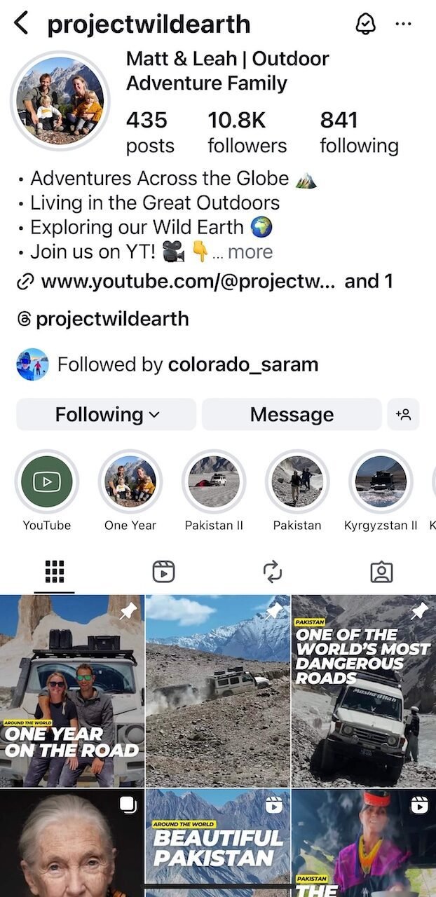 Screenshot of Project Wild Earth’s Instagram profile showing Matt and Leah’s outdoor adventure family account with over 10,000 followers.