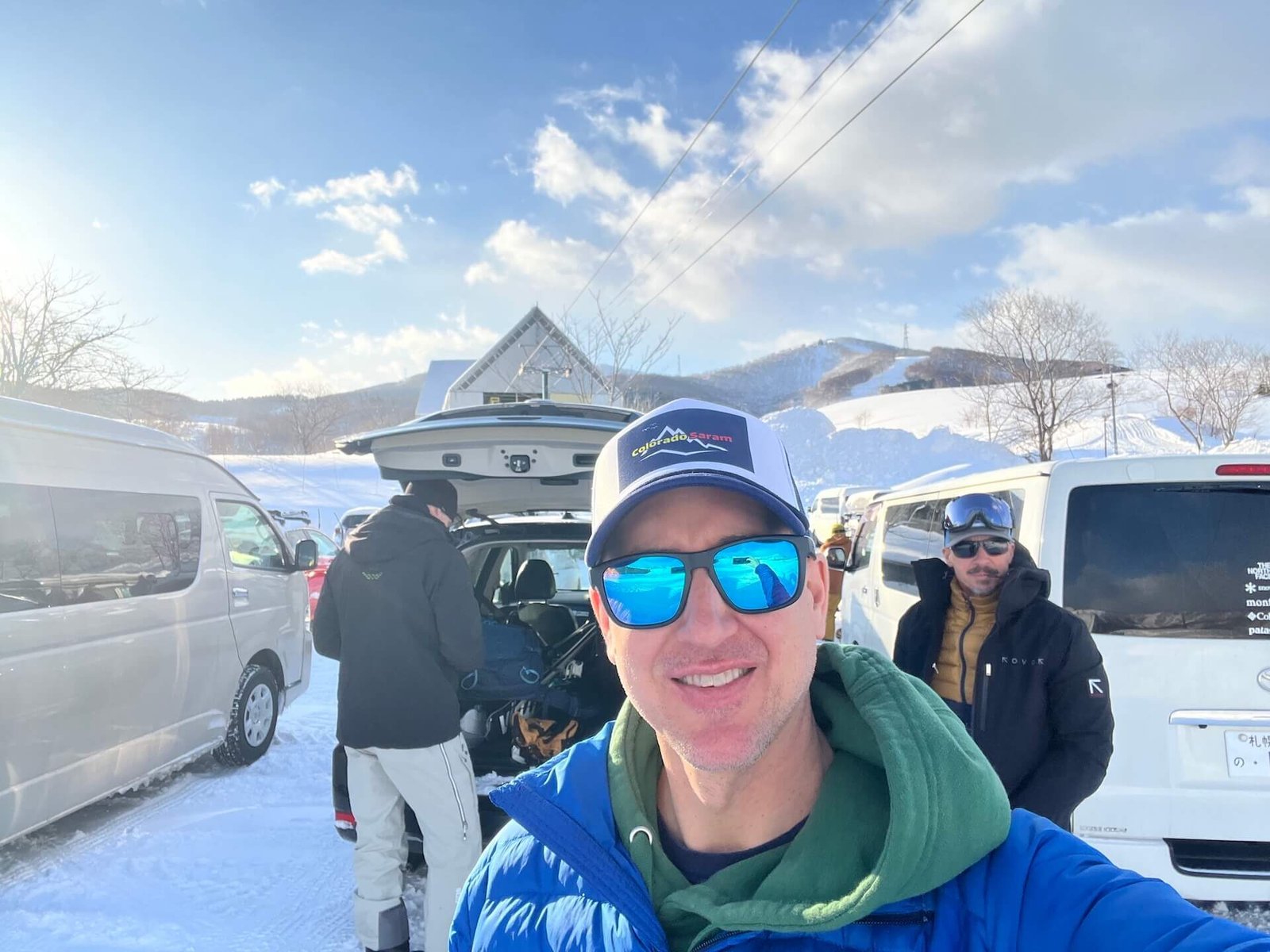 Getting ready to ski at Rusutsu with a rental car during a winter ski trip in Hokkaido.