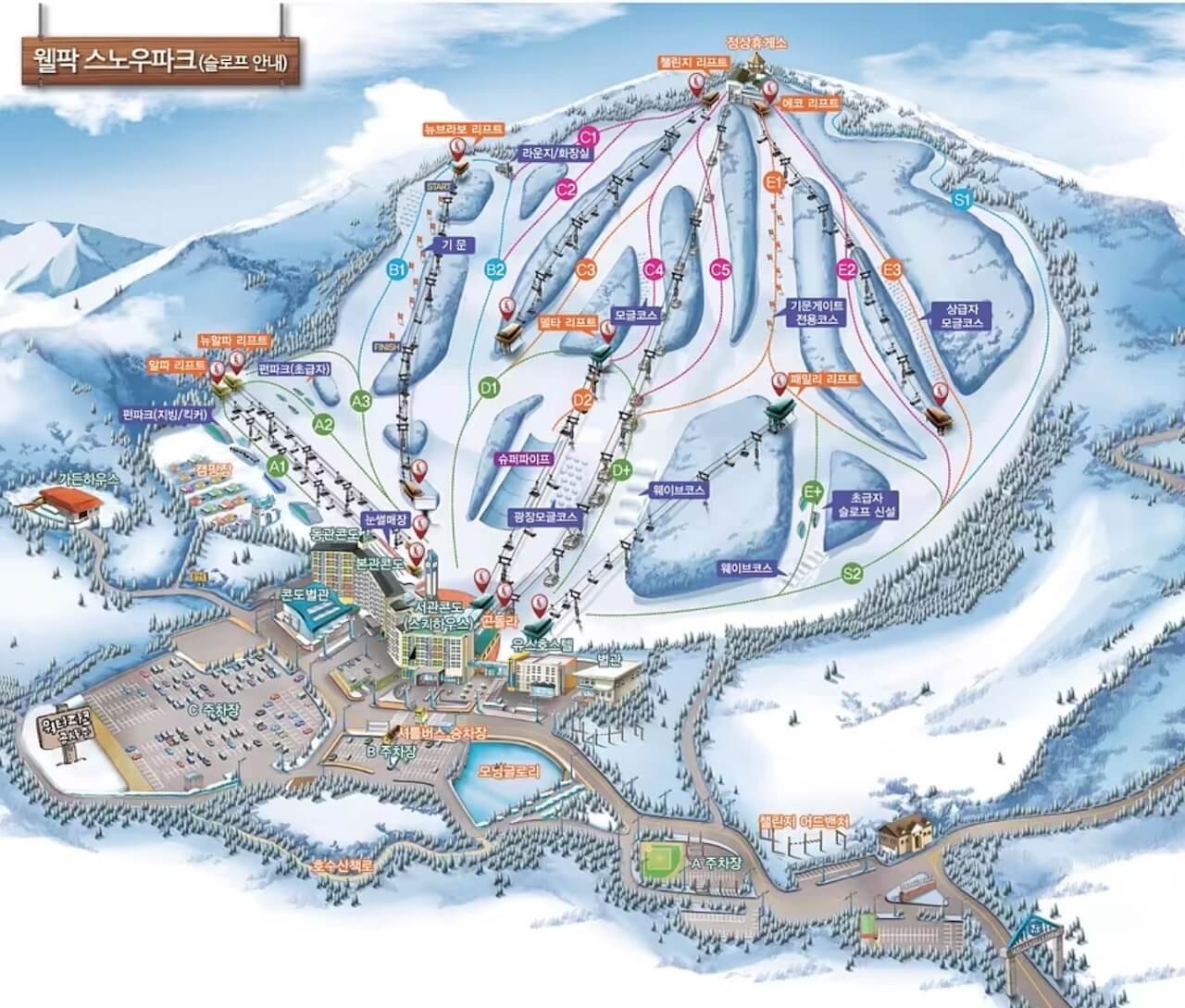Trail map of Welli Hilli ski resort in Gangwon Province showing lifts and beginner, intermediate, and advanced runs