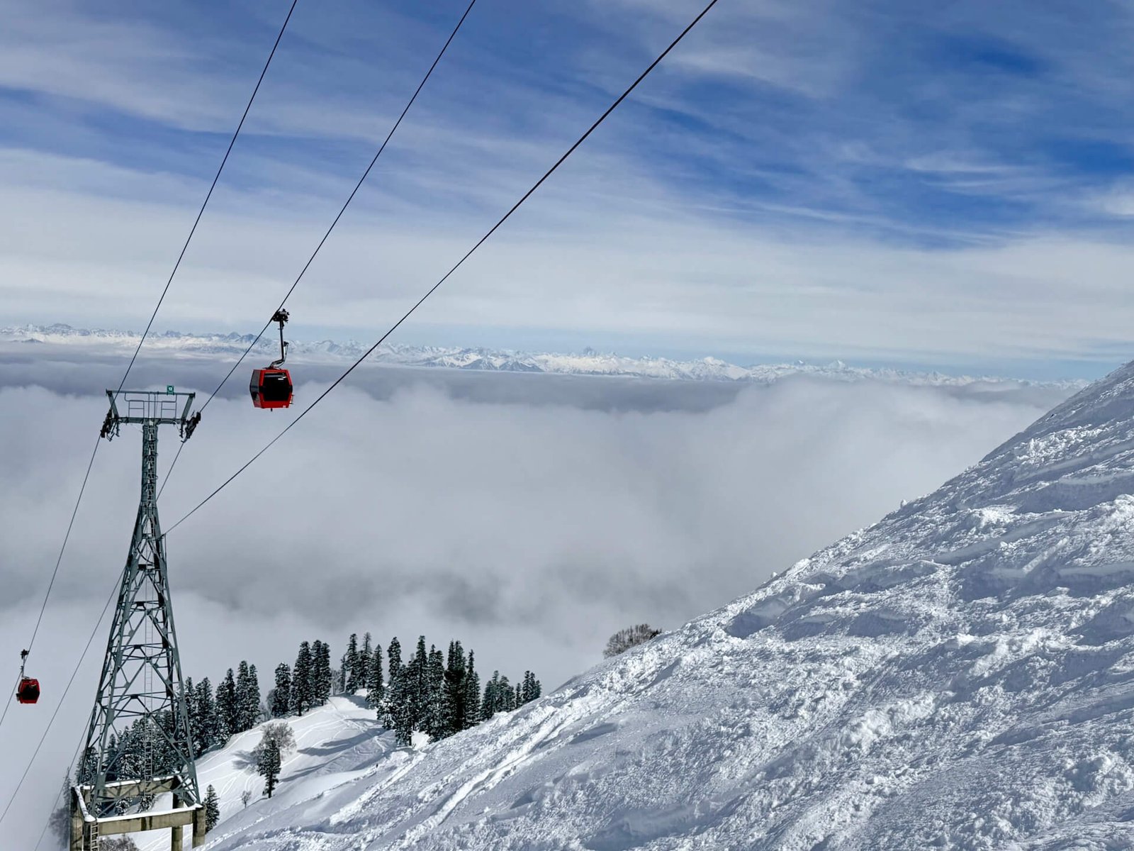 Do You Need a Guide to Ski Gulmarg? 1 Gondola rising above the clouds toward Phase 2 ski terrain in Gulmarg, Kashmir
